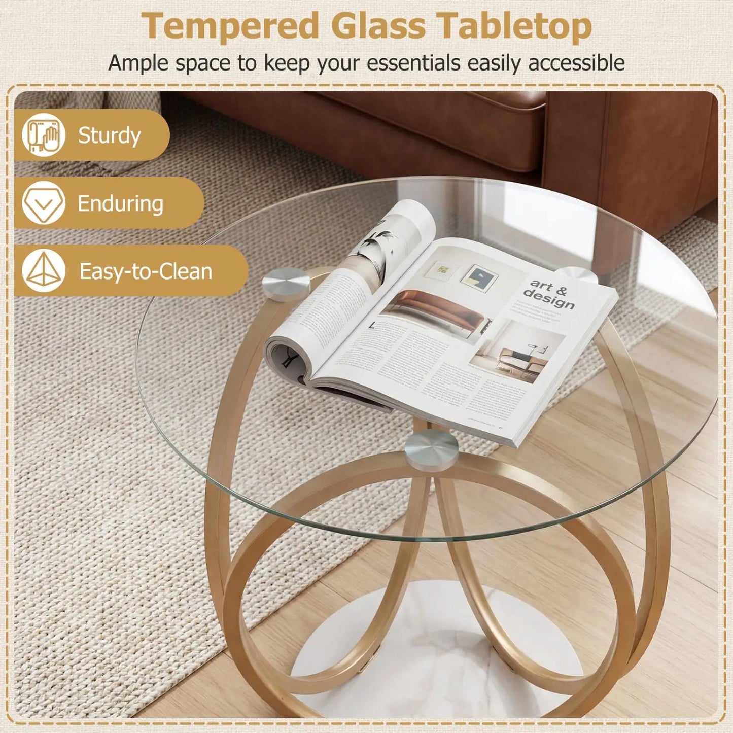 Round End Table with Faux Marble Top and Glass