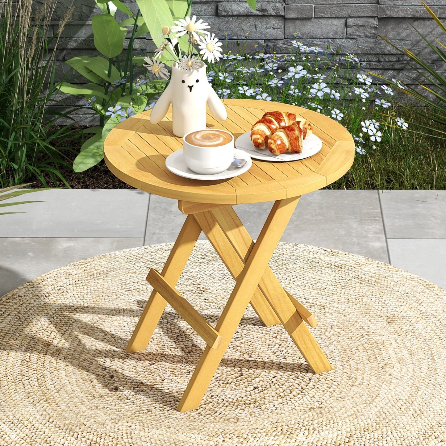 Mesa auxiliar de exterior portátil y compacta con patas en forma de X y tablero de listones