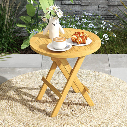 Mesa auxiliar de exterior portátil y compacta con patas en forma de X y tablero de listones