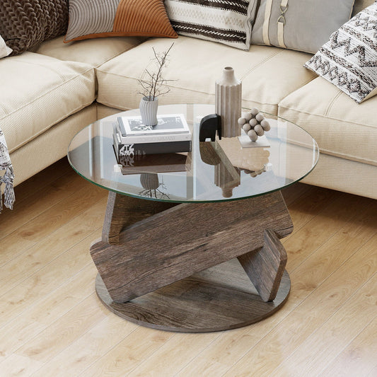 Round Glass Coffee Table 32 Inch Modern Center Table with Tempered Glass Top-Gray - Tampa Home & Garden Store