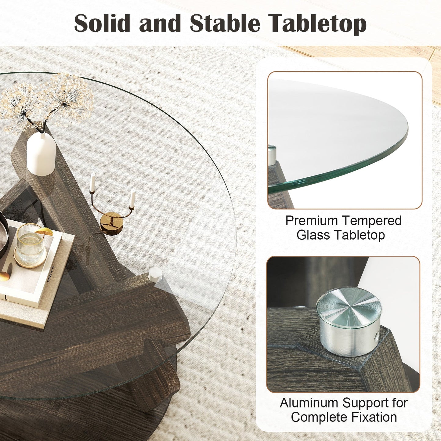 Round Glass Coffee Table 32 Inch Modern Center Table with Tempered Glass Top-Gray