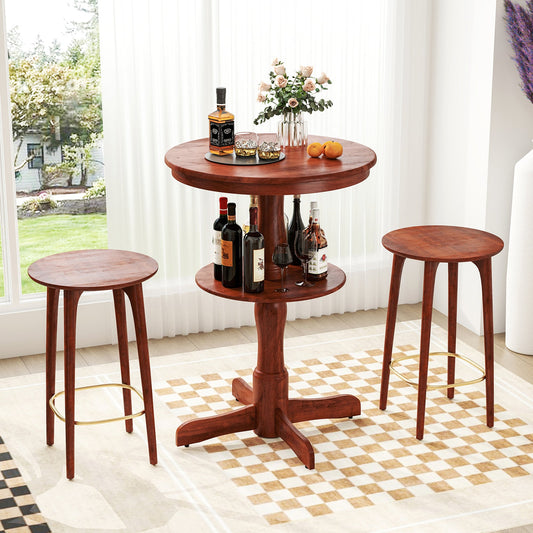 2-Tier Round High Top Bar Table with Storage Shelf and Pedestal Base-Espresso - Tampa Home & Garden Store