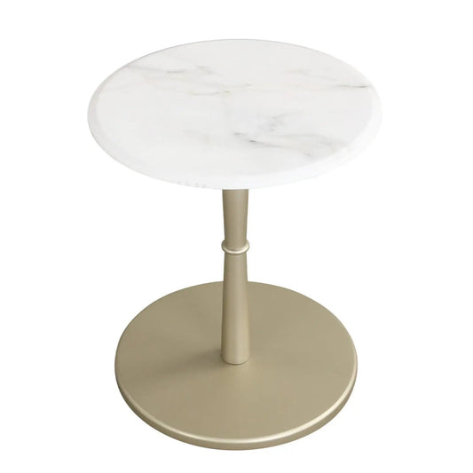Round marble top end table with gold-tone metal pedestal and round base for small spaces on Tampa Home & Garden Store
