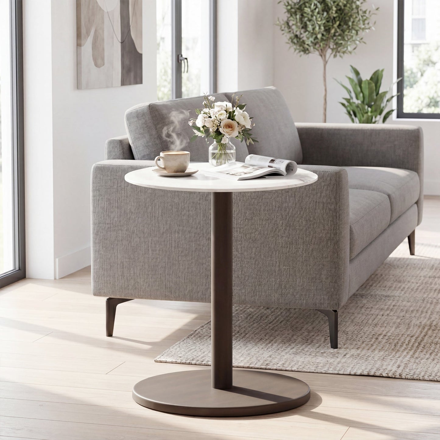 Round Marble Side Table Pedestal End Table Wood