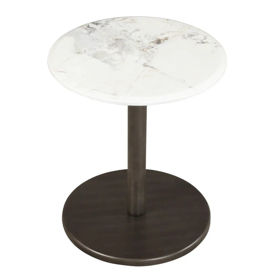 Round marble end table with dark bronze pedestal base DirectDeals on Tampa Home & Garden Store