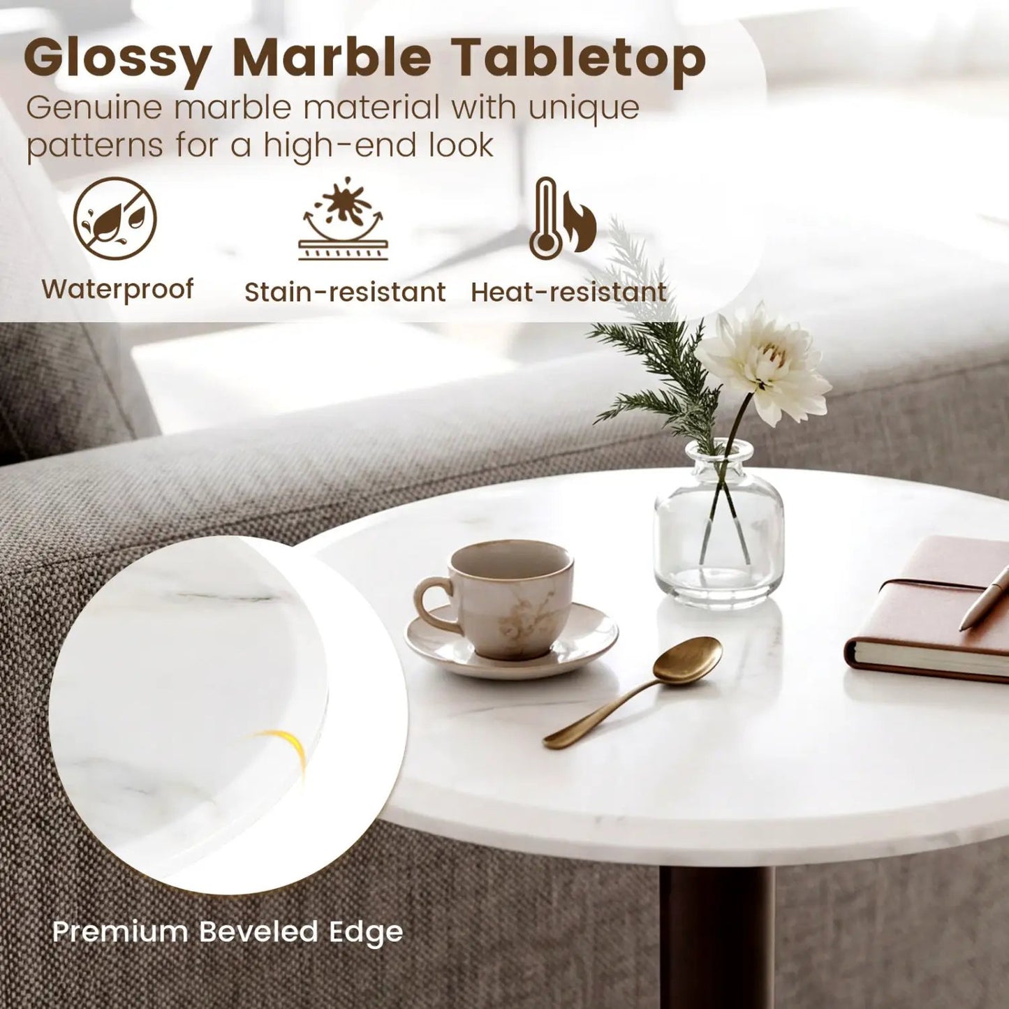 Round Marble Side Table Pedestal End Table Wood