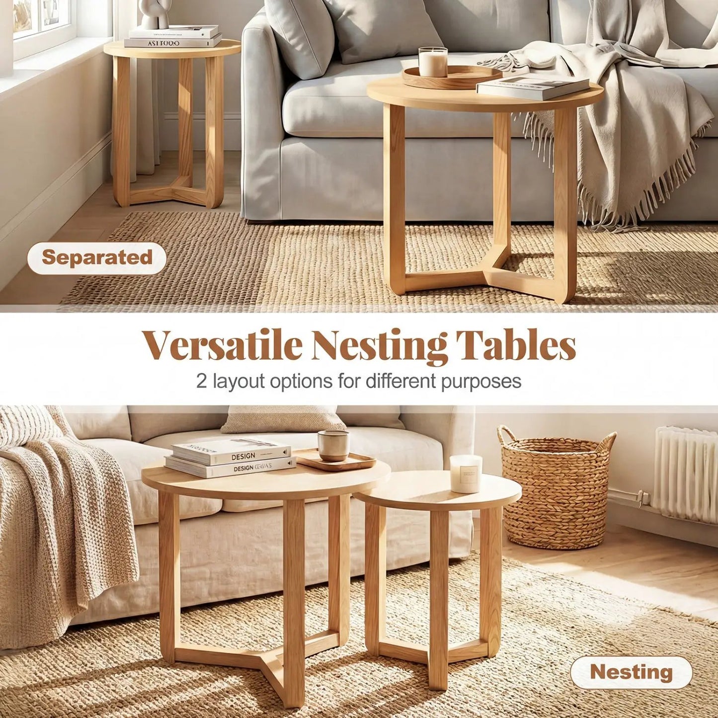 Round Nesting Coffee Tables Set of 2 Thick Top
