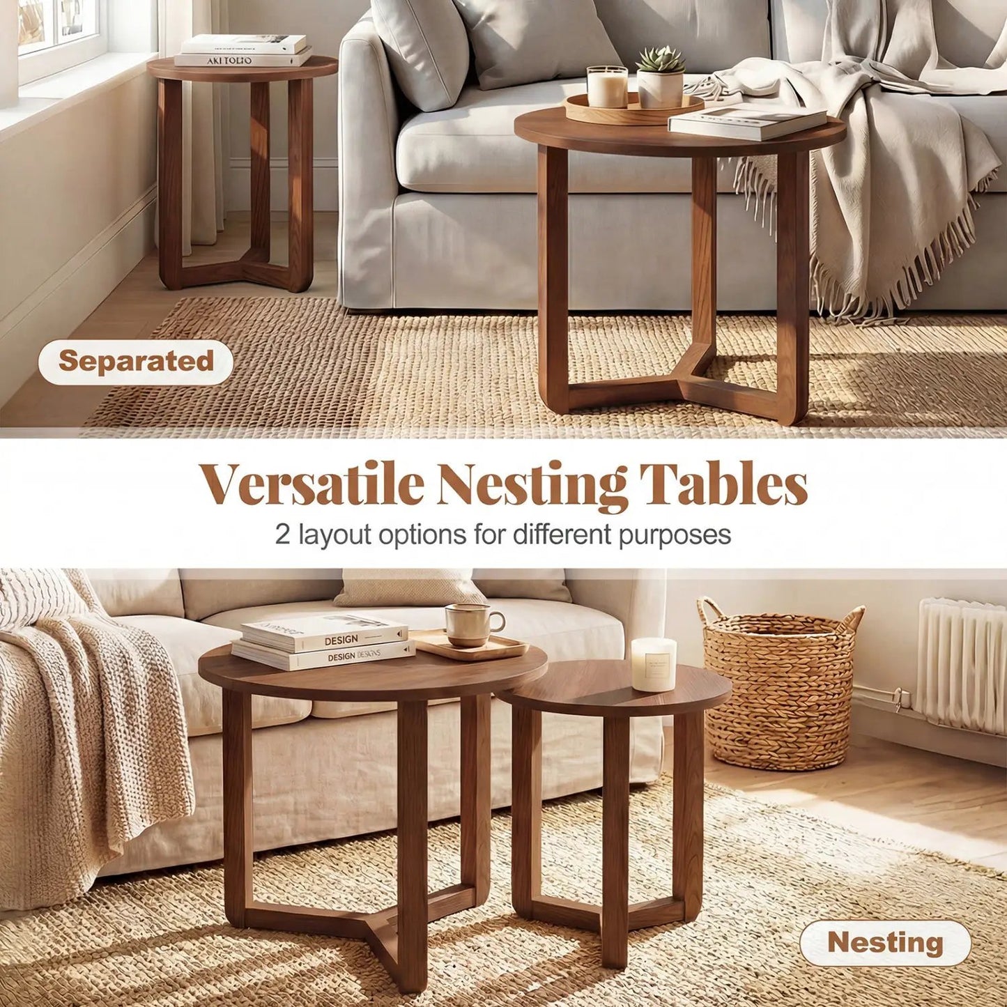 Round Nesting Coffee Tables Set of 2 Thick Top