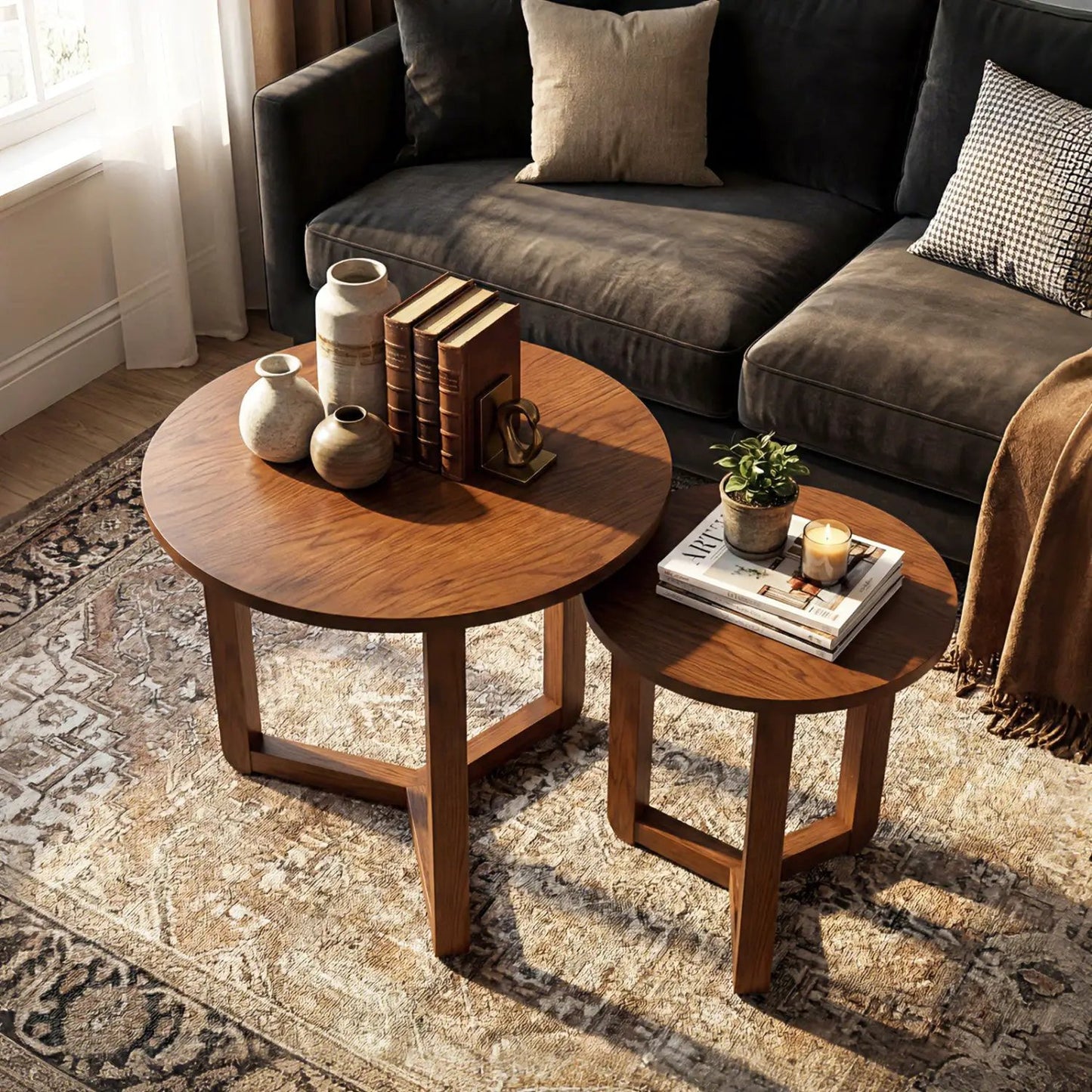 Round Nesting Coffee Tables Set of 2 Thick Top