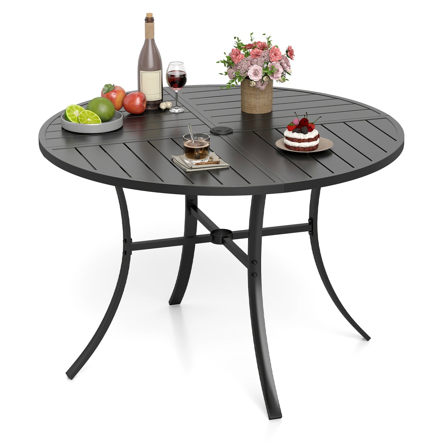 Round 42.5 inch round metal slat patio dining table with umbrella hole dark gray DirectDeals on Tampa Home & Garden Store