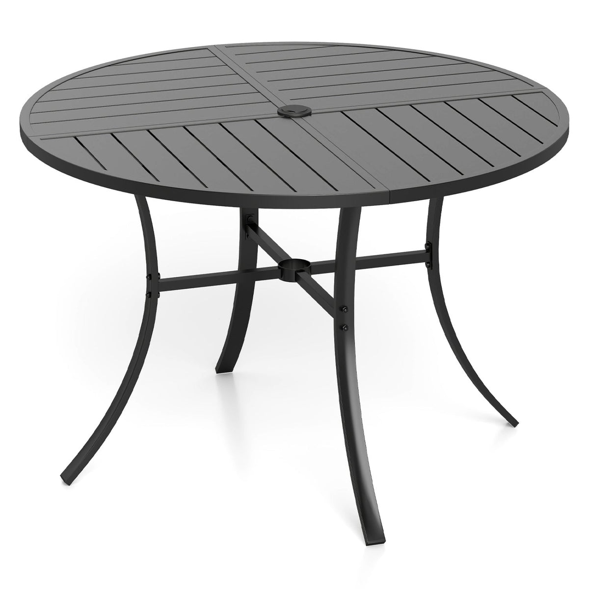 Round 42.5-inch black metal slat patio dining table with umbrella hole by DirectDeals on Tampa Home & Garden Store