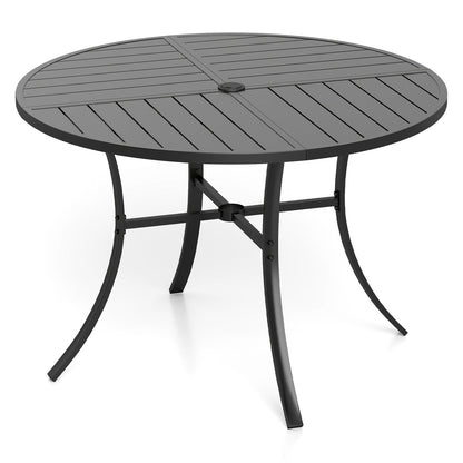 Round 42.5-inch black metal slat patio dining table with umbrella hole by DirectDeals on Tampa Home & Garden Store
