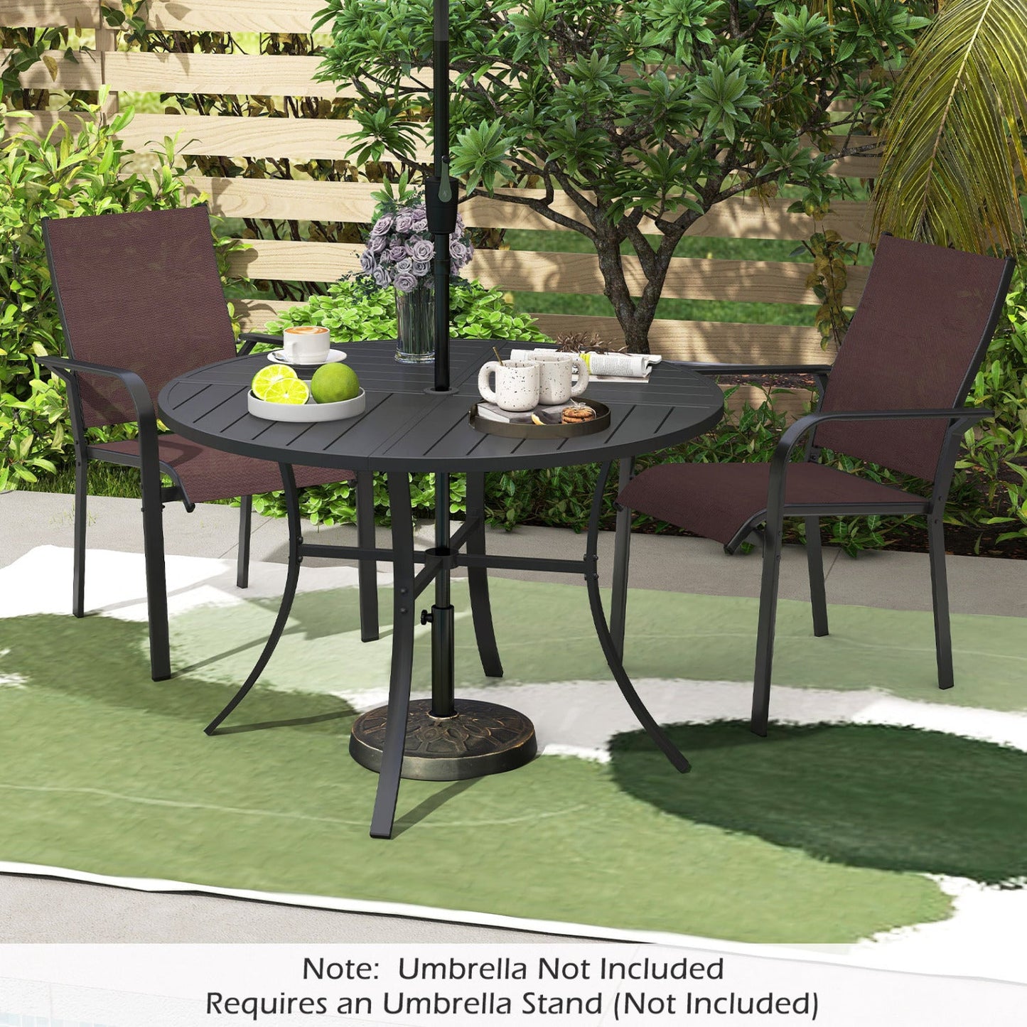 Round 42.5 in patio table with umbrella hole, black metal slat top; two chairs DirectDeals on Tampa Home & Garden Store