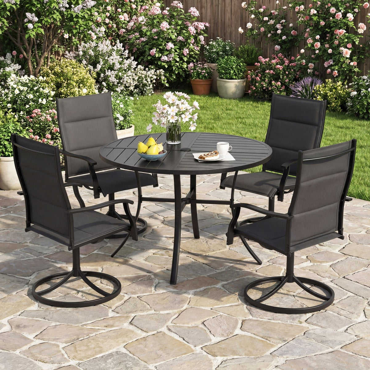 Round 42.5 inch metal slat patio dining table with umbrella hole and four cushioned chairs on Tampa Home & Garden Store