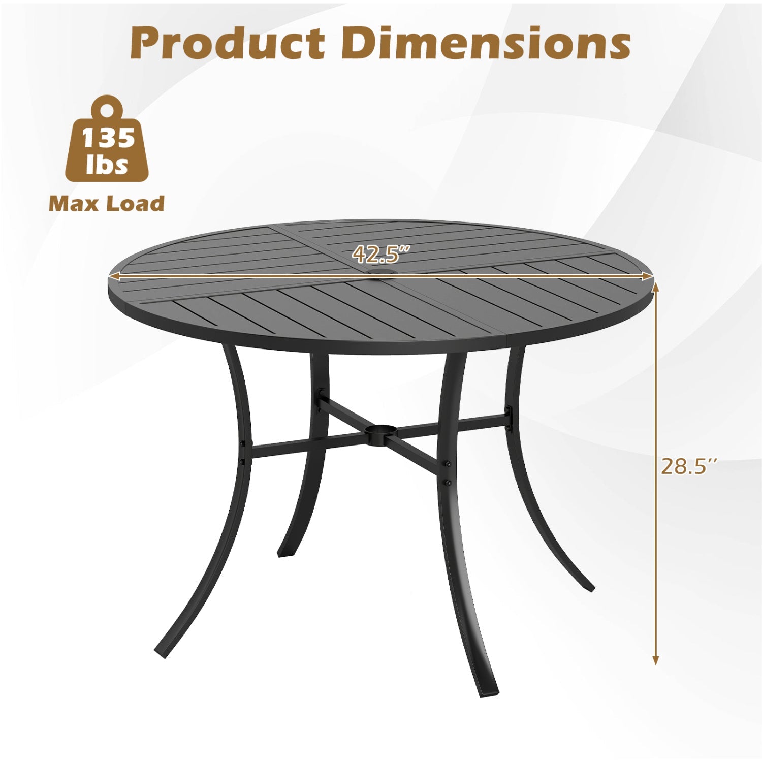 Round metal slat patio table 42.5 in with umbrella hole, black finish, 28.5 in height on Tampa Home & Garden Store
