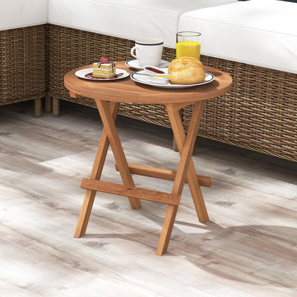 Round teak wood folding coffee table with slatted top DirectDeals beside wicker seating on Tampa Home & Garden Store