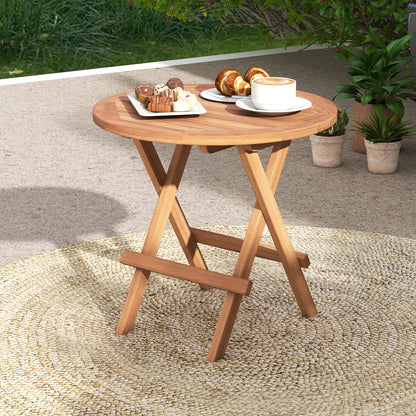 Round Indonesia teak wood folding coffee table with slatted top for outdoor patio on Tampa Home & Garden Store