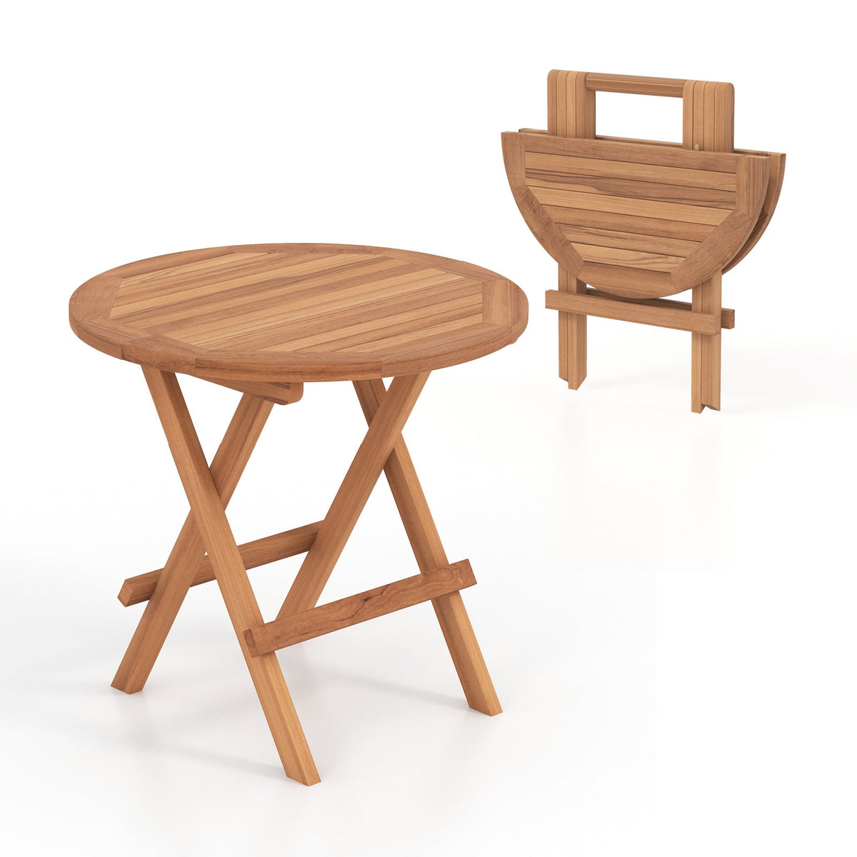 Round patio folding coffee table and chair set in Indonesia teak wood with slatted tabletop on Tampa Home & Garden Store