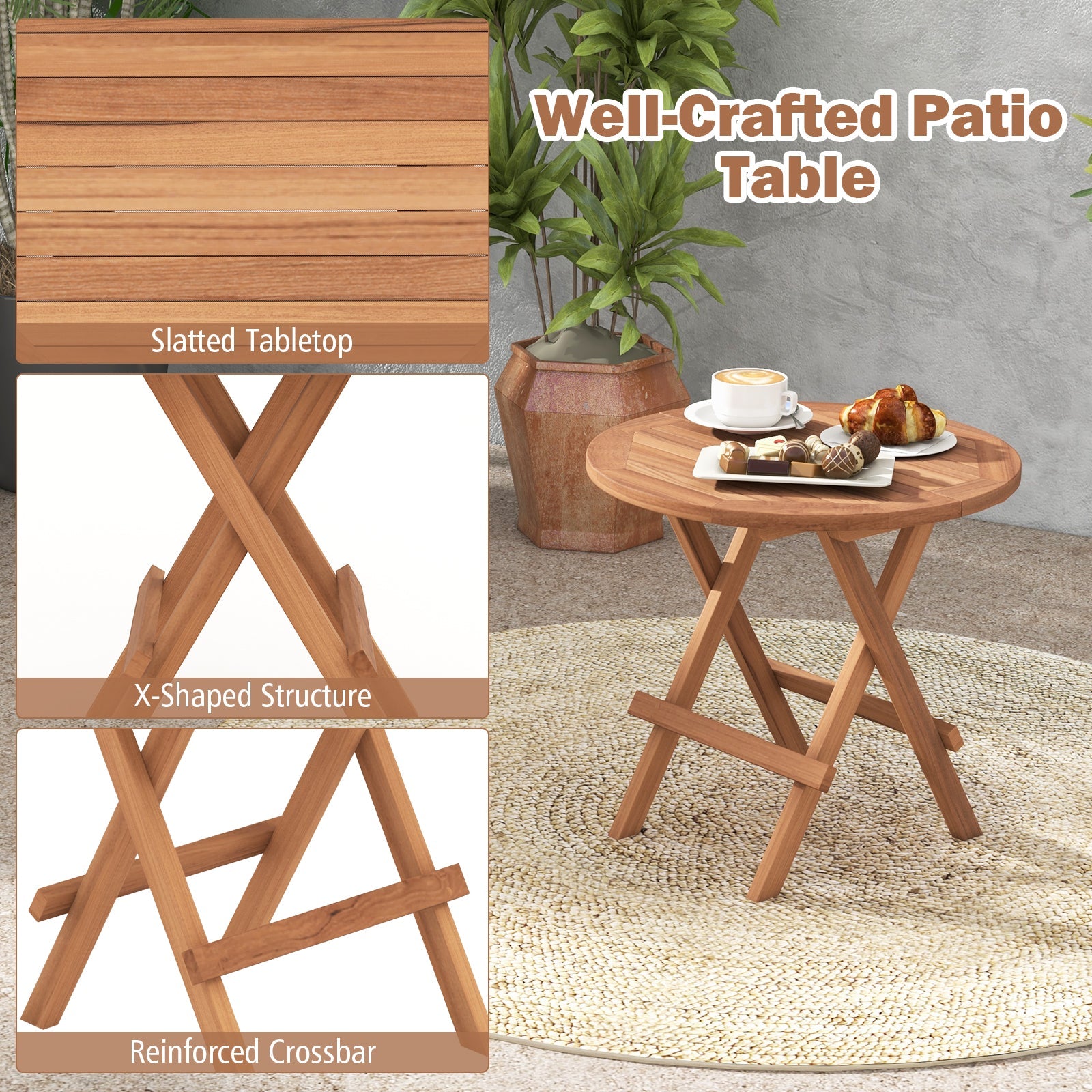Round Indonesian teak wood folding coffee table with slatted top and X-shaped legs DirectDeals on Tampa Home & Garden Store