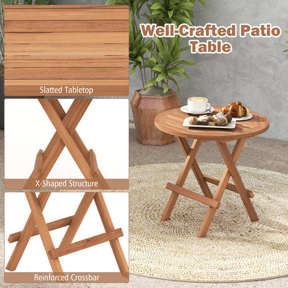 Round Indonesian teak wood folding coffee table with slatted top and X-shaped legs DirectDeals on Tampa Home & Garden Store