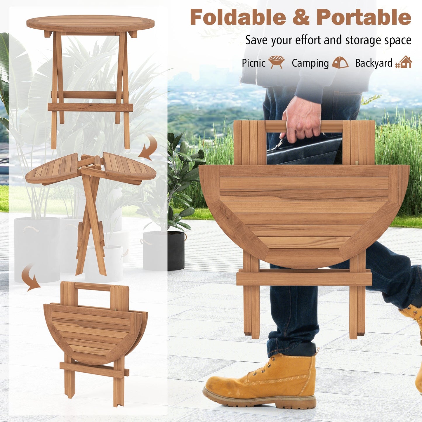 Round patio folding coffee table in Indonesia teak with slatted tabletop DirectDeals portable on Tampa Home & Garden Store