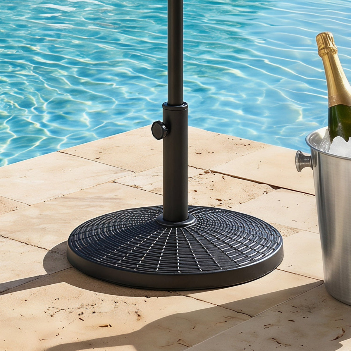 Umbrella base 22 lb resin wicker style, DirectDeals, black round base on Tampa Home & Garden Store