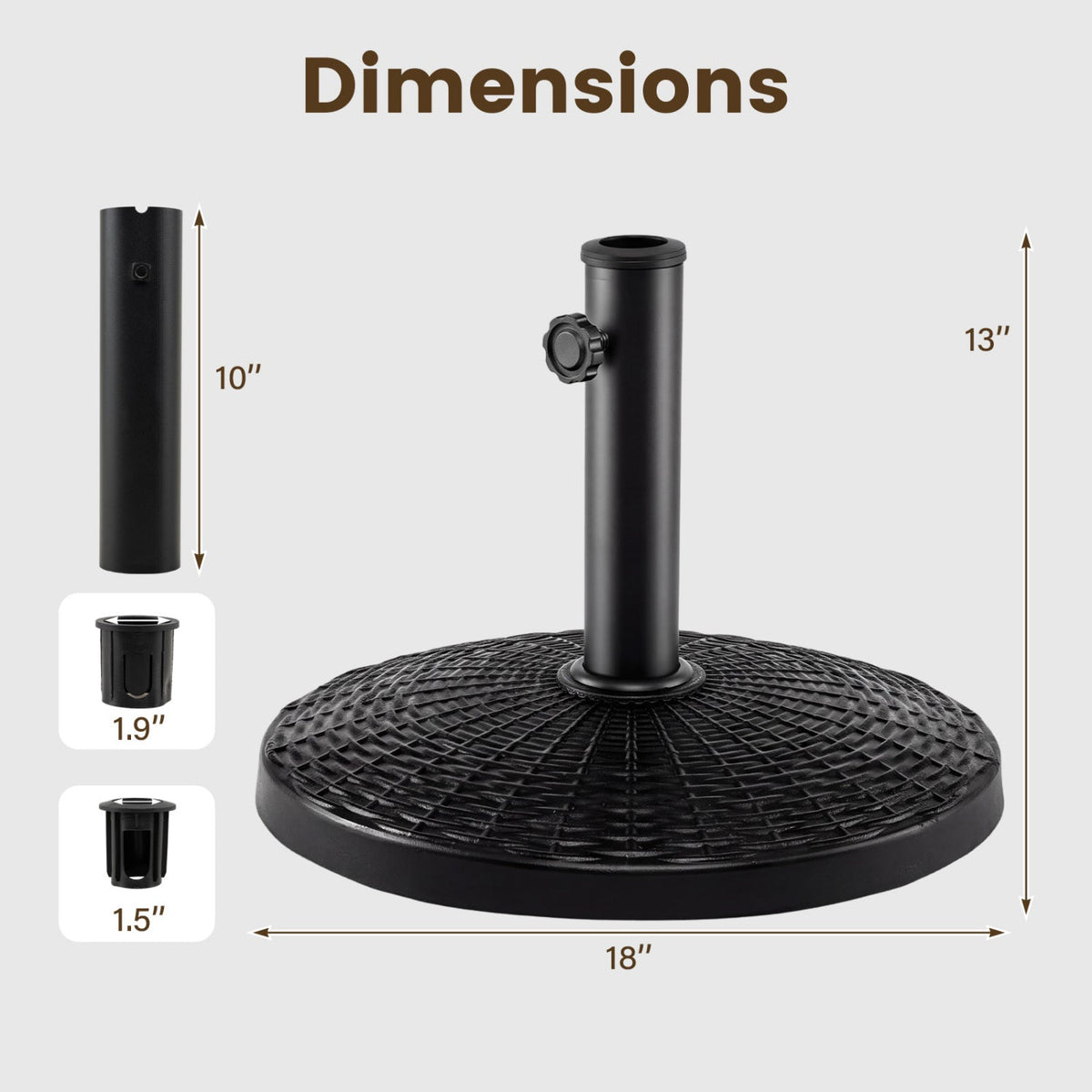 Umbrella base 22 lbs, black resin wicker style with knob, DirectDeals, 18in diameter on Tampa Home & Garden Store