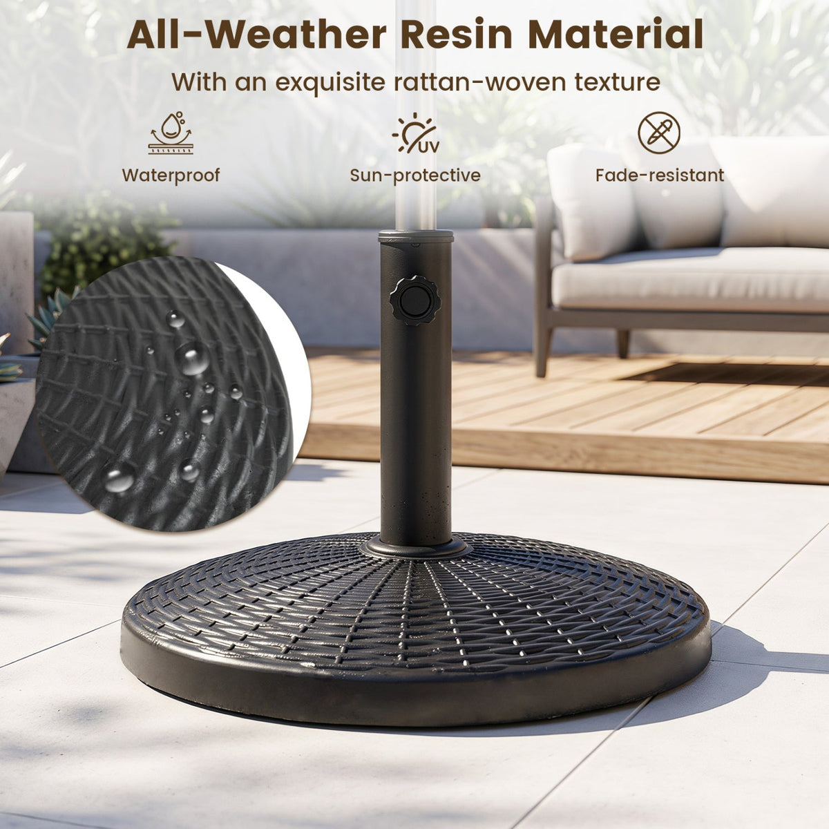 Patio Umbrella Base 22 lbs resin wicker style, round black pedestal with center knob on Tampa Home & Garden Store