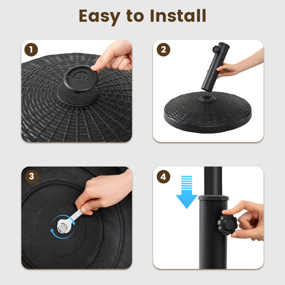 Patio Umbrella Base 22 lbs resin wicker style DirectDeals, four-step easy install guide on Tampa Home & Garden Store