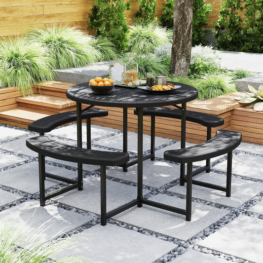 Round Picnic Table Bench Set with 4 Benches and Umbrella Hole for Patio Lawn-Black - Tampa Home & Garden Store