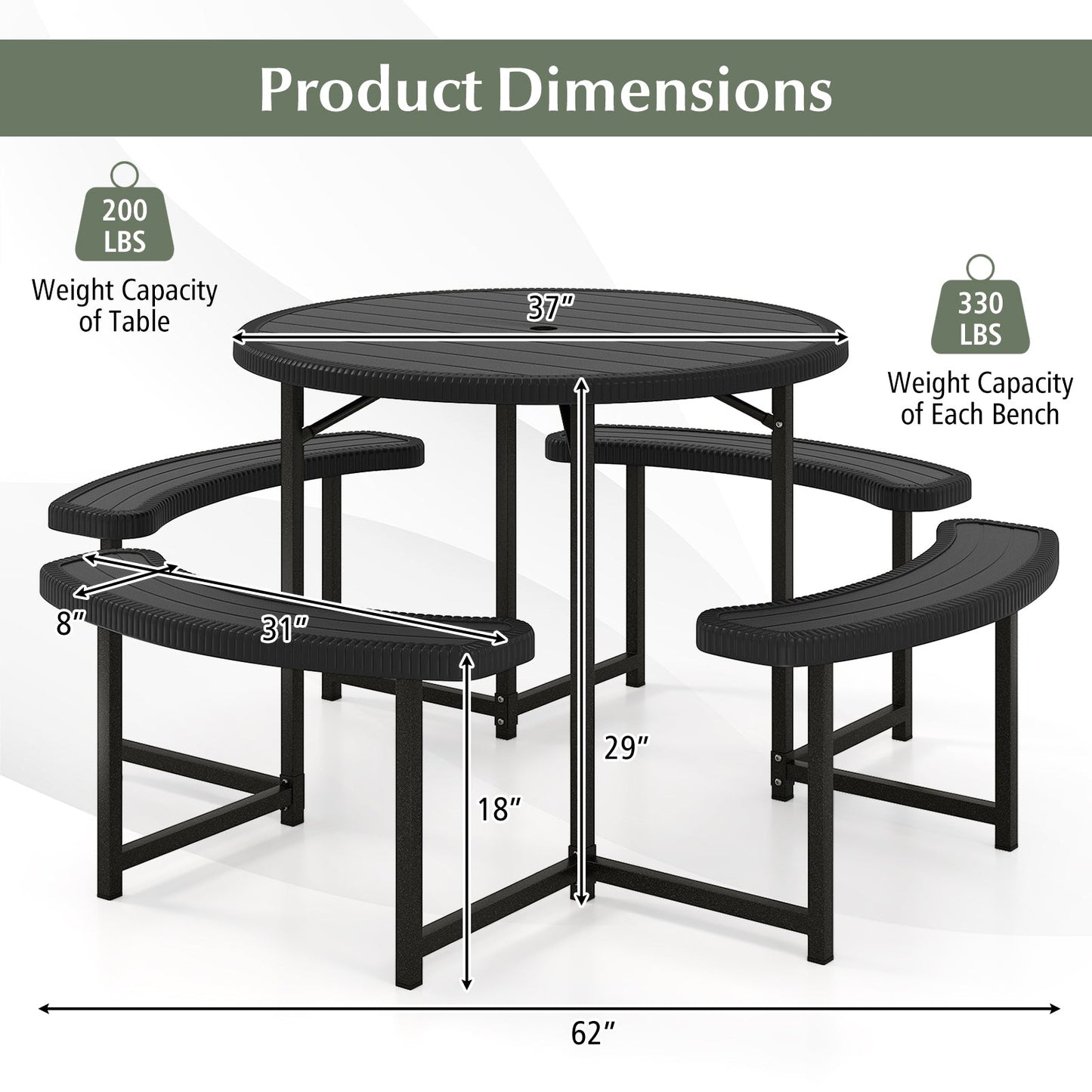 Juego de mesa de picnic redonda con 4 bancos y agujero para sombrilla para patio/jardín - Negro