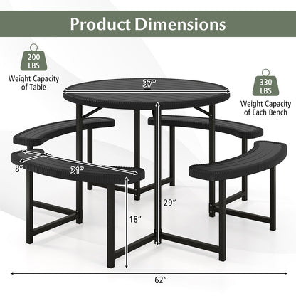 Juego de mesa de picnic redonda con 4 bancos y agujero para sombrilla para patio/jardín - Negro