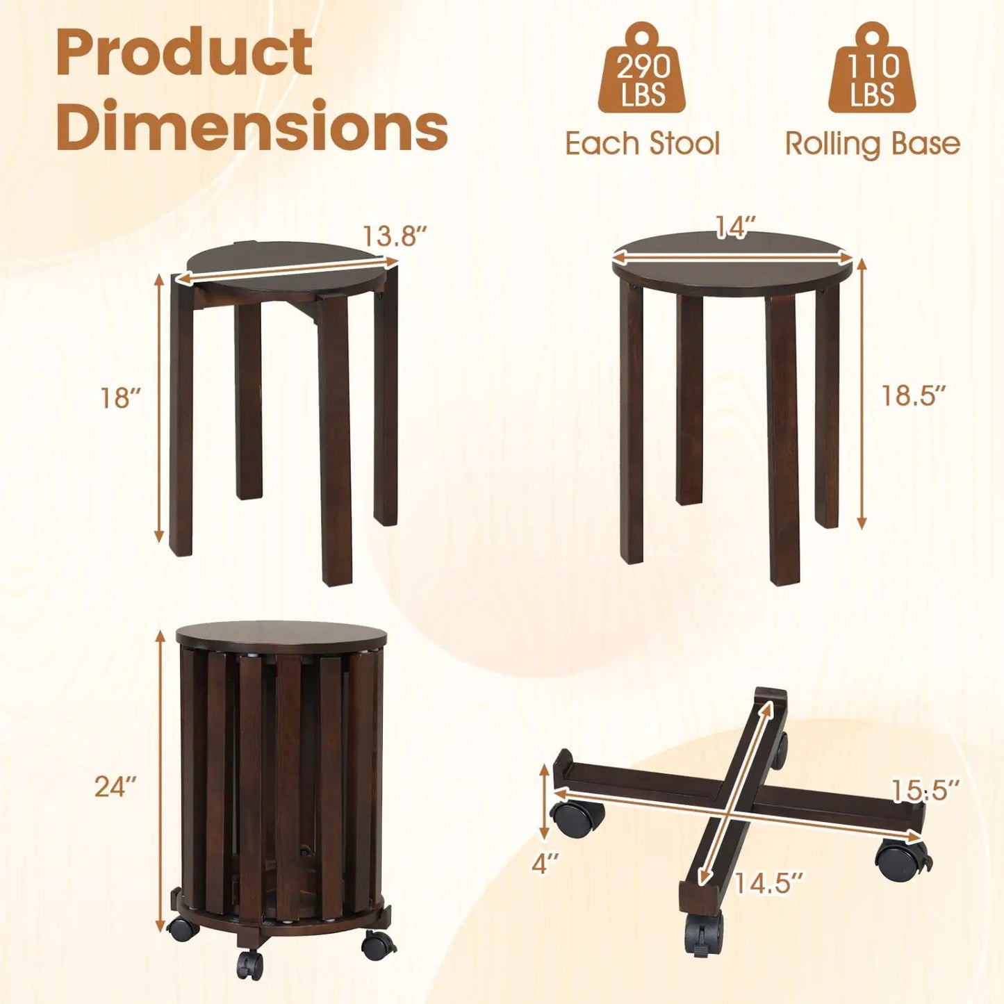 Round Portable Wood Nesting Stools with Casters