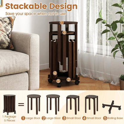 Round Portable Wood Nesting Stools with Casters