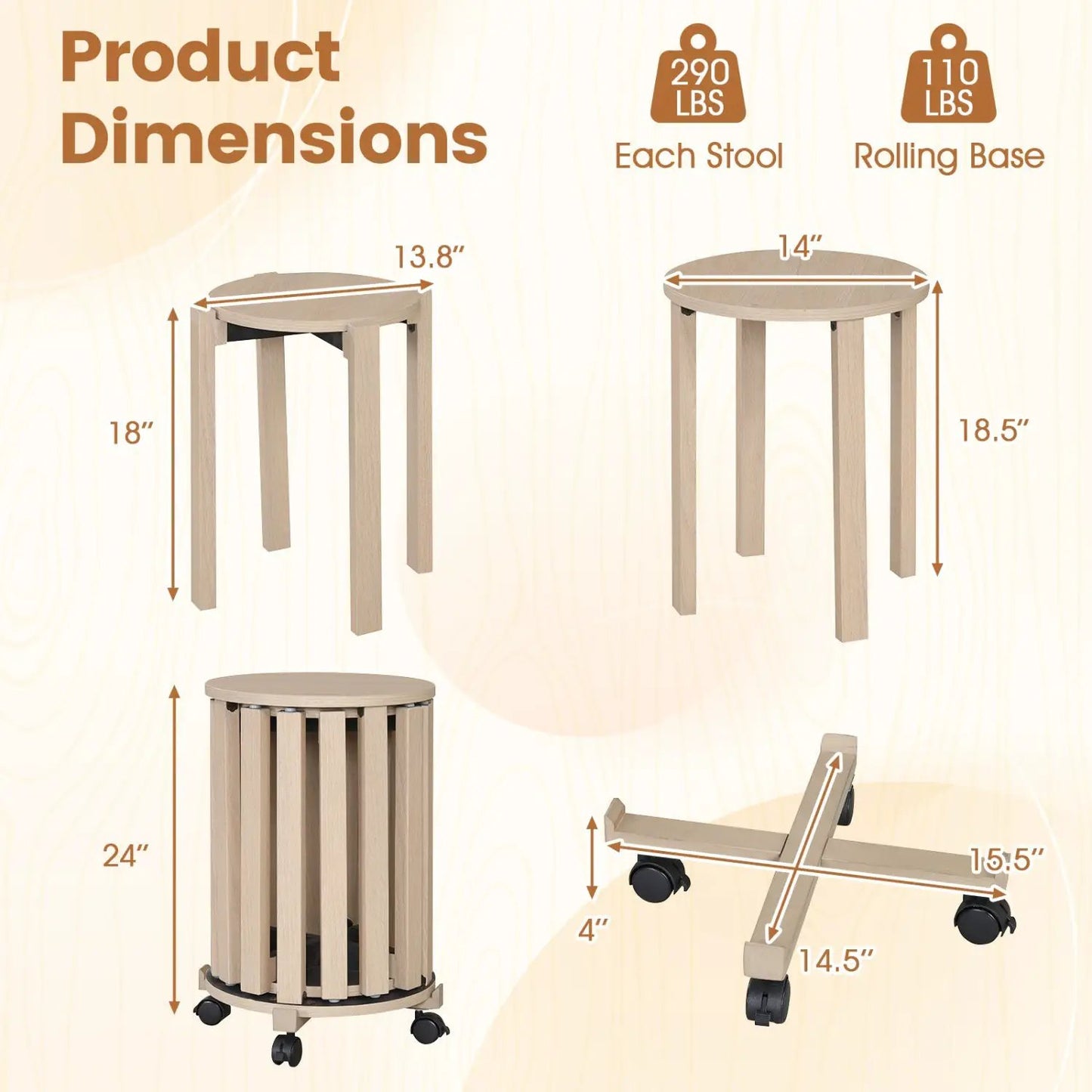 Round Portable Wood Nesting Stools with Casters