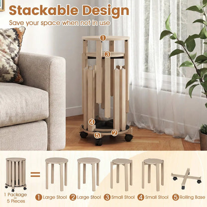 Round Portable Wood Nesting Stools with Casters