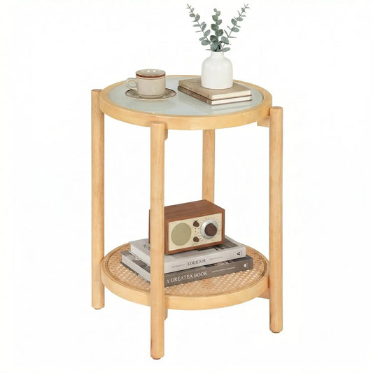 Round Side Table 2-Tier End Table Glass Top DirectDeals, natural wood frame with woven shelf on Tampa Home & Garden Store