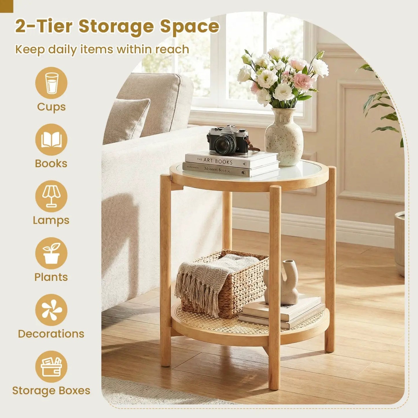 Round Side Table 2 Tier End Table Tempered Glass