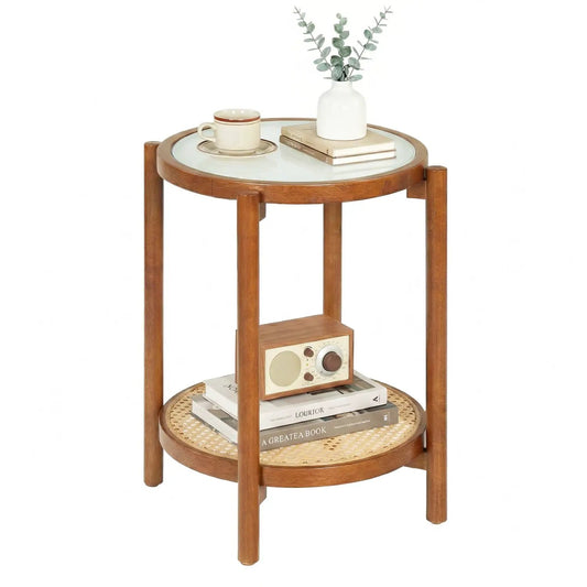 Round 2-tier end table with tempered glass top, warm wood frame, DirectDeals boho style on Tampa Home & Garden Store