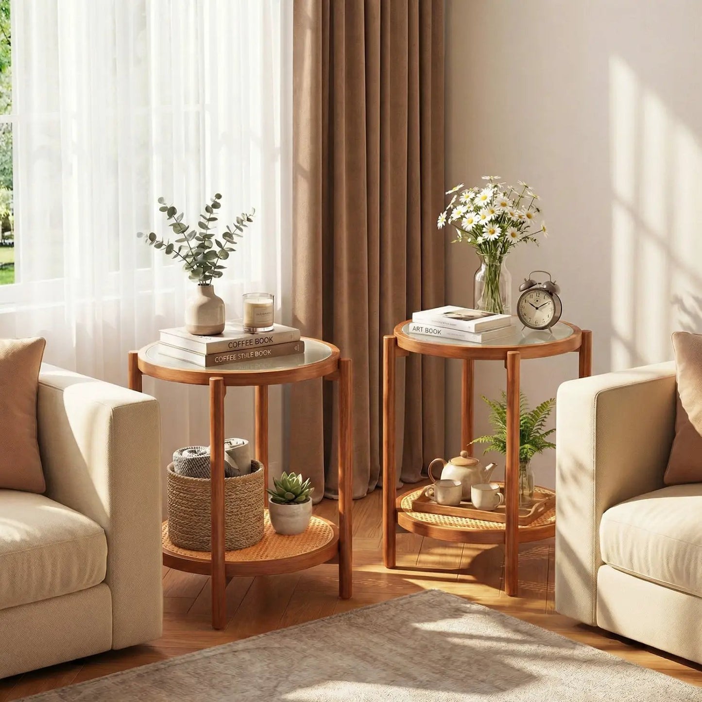 Round Side Table 2 Tier End Table Tempered Glass
