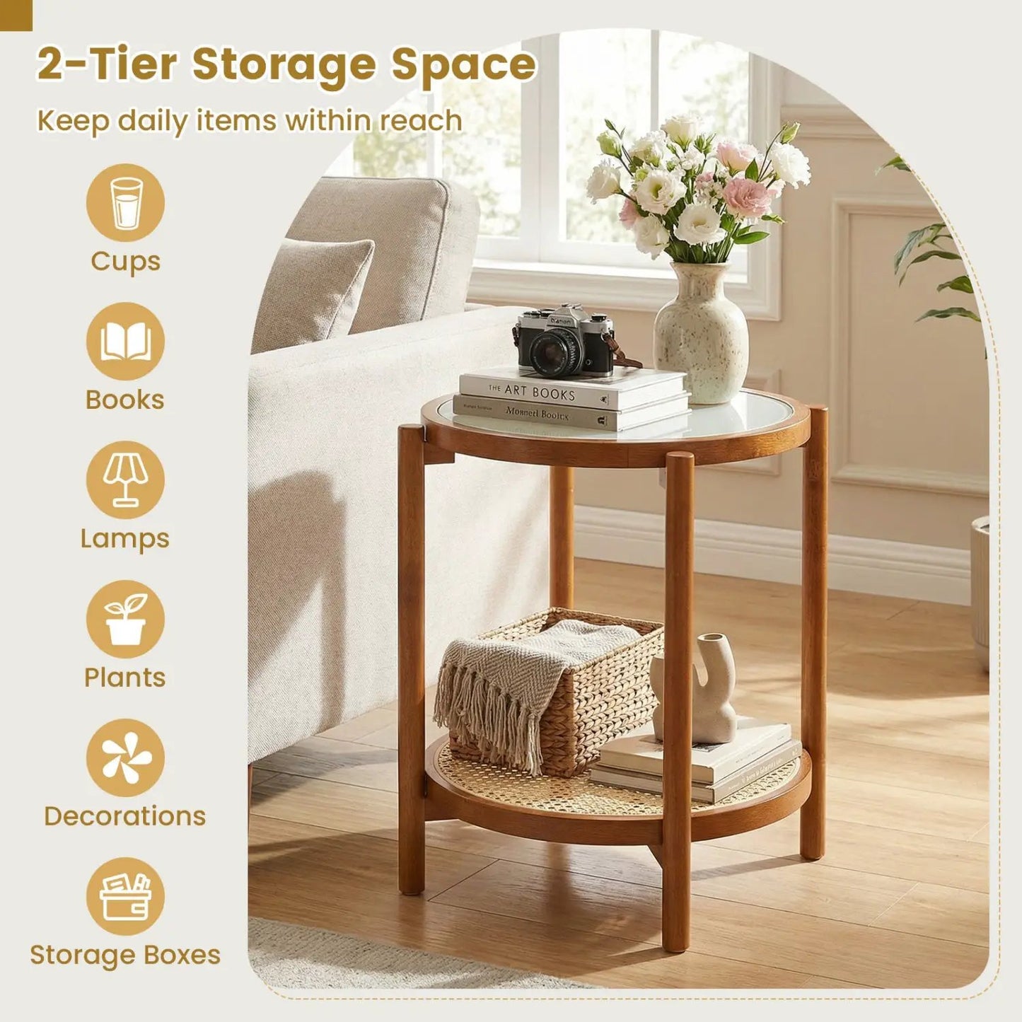 Round Side Table 2 Tier End Table Tempered Glass