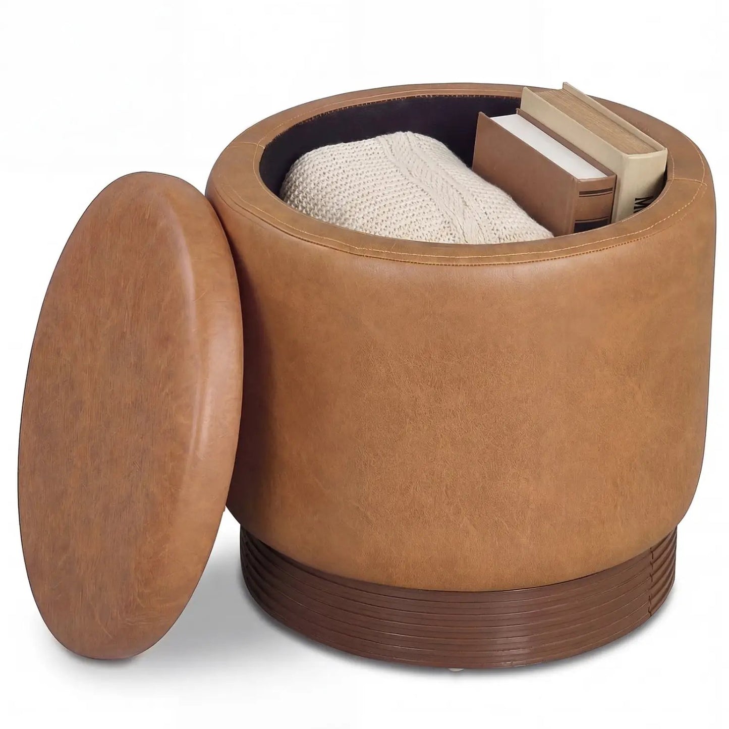 Round Storage Ottoman with Acacia Wood Frame