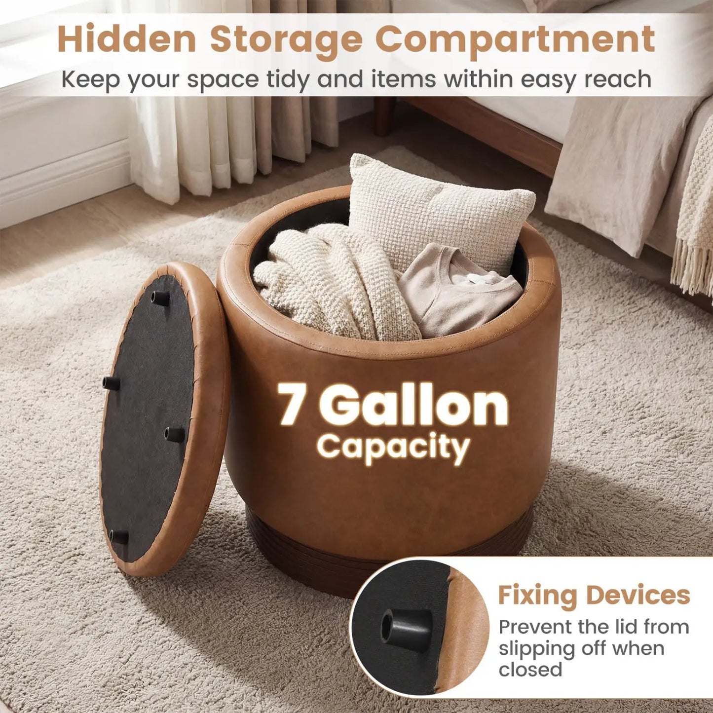 Round Storage Ottoman with Acacia Wood Frame