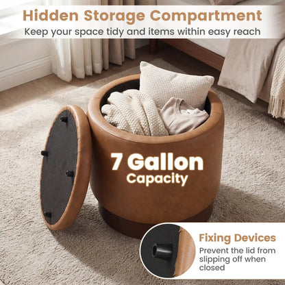 Round Storage Ottoman with Acacia Wood Frame