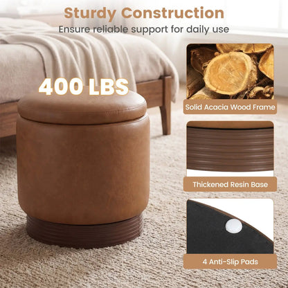 Round Storage Ottoman with Acacia Wood Frame