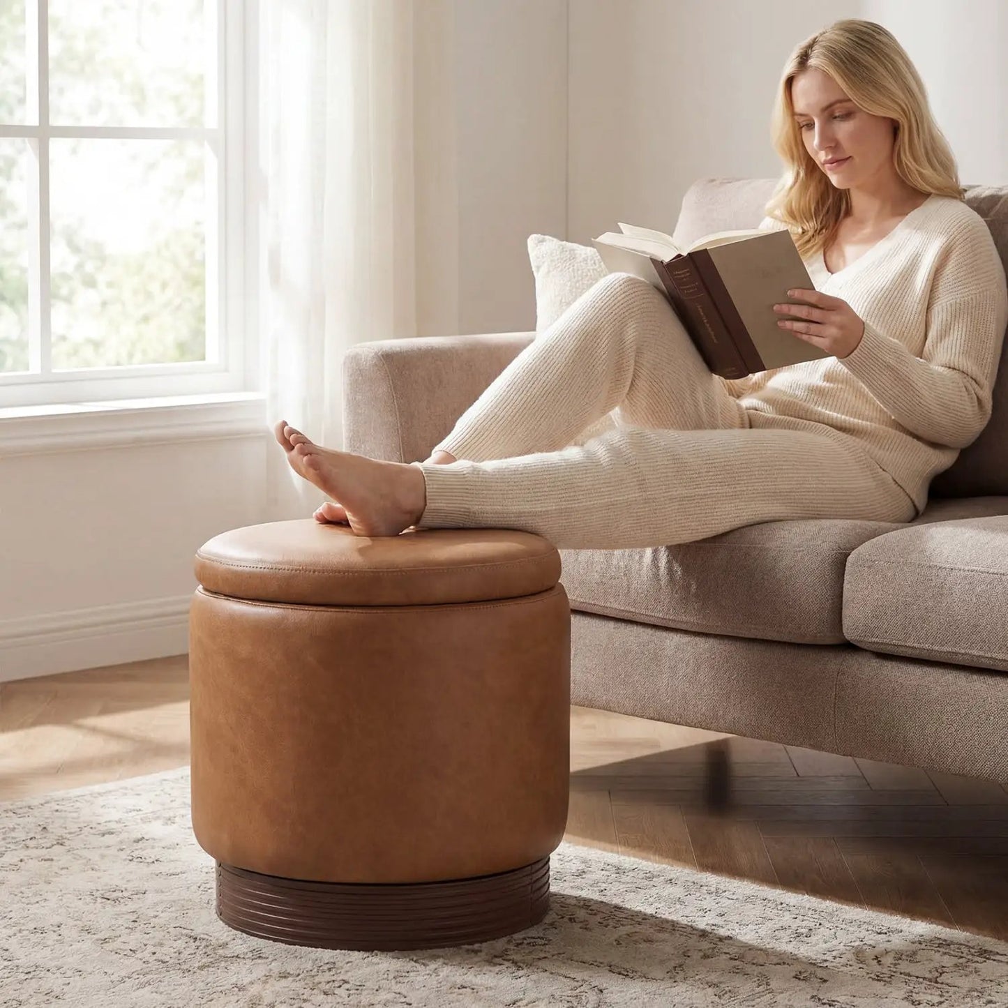 Round Storage Ottoman with Acacia Wood Frame