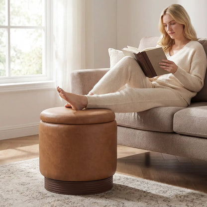 Round Storage Ottoman with Acacia Wood Frame