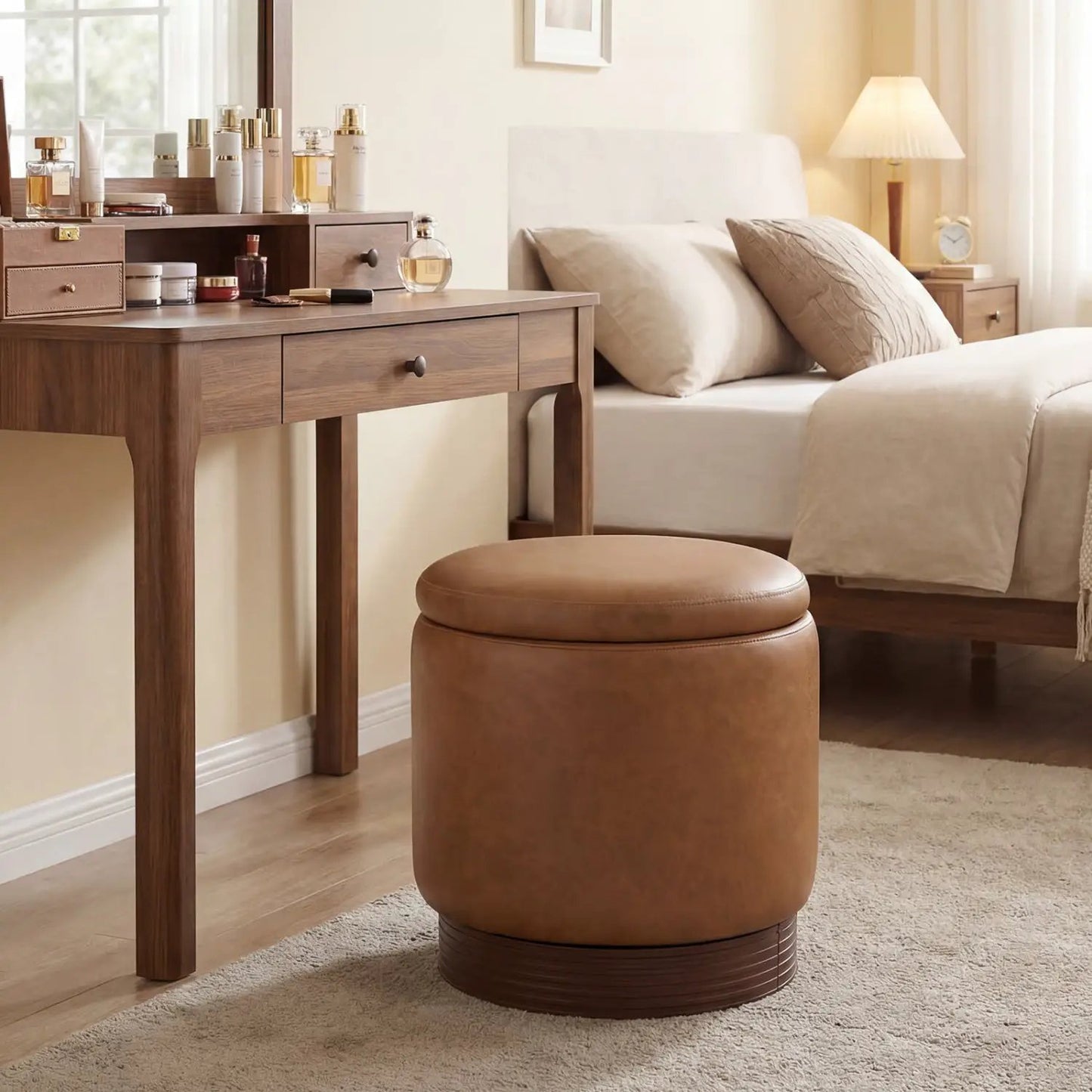 Round Storage Ottoman with Acacia Wood Frame