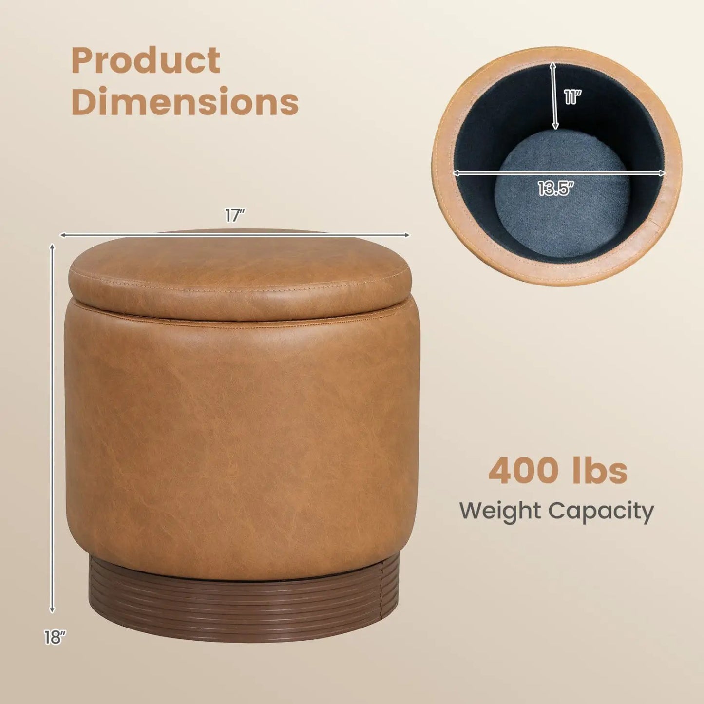 Round Storage Ottoman with Acacia Wood Frame