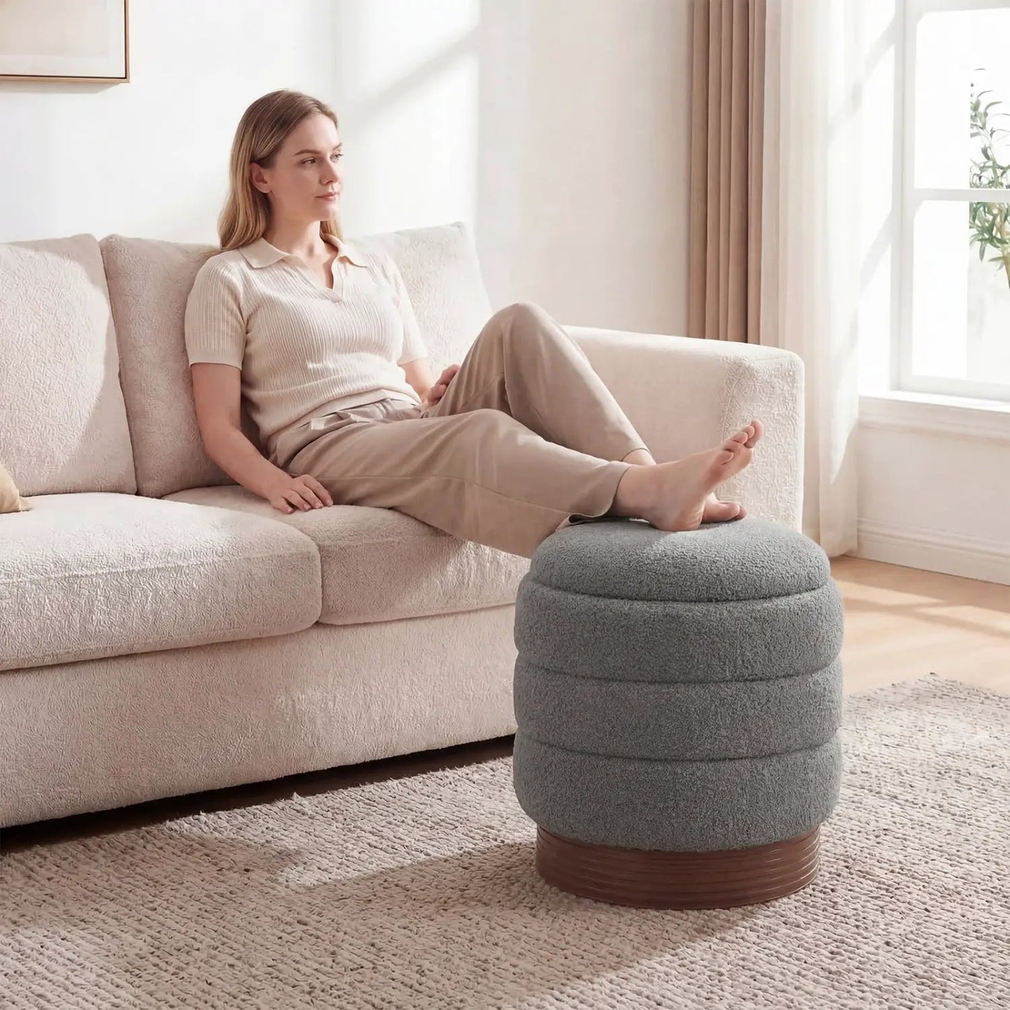 Round Storage Ottoman with Acacia Wood Frame for Living Room